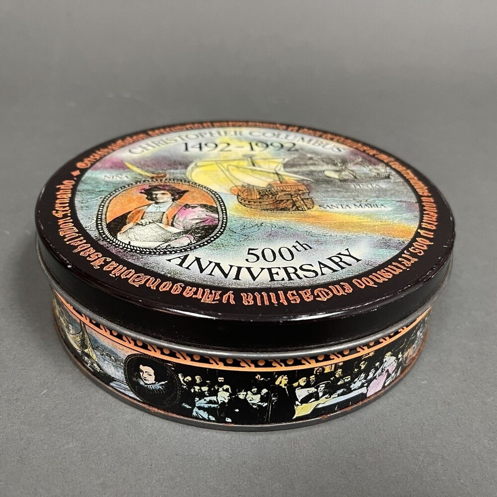 Christopher‎ Columbus 500th Anniversary Round Empty Tin Can 6 1/2" x 1 7/8" high